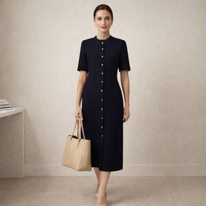 St John Navy Knit Short Sleeve Midi Shift Dress Sz 8 Office Quiet Luxury